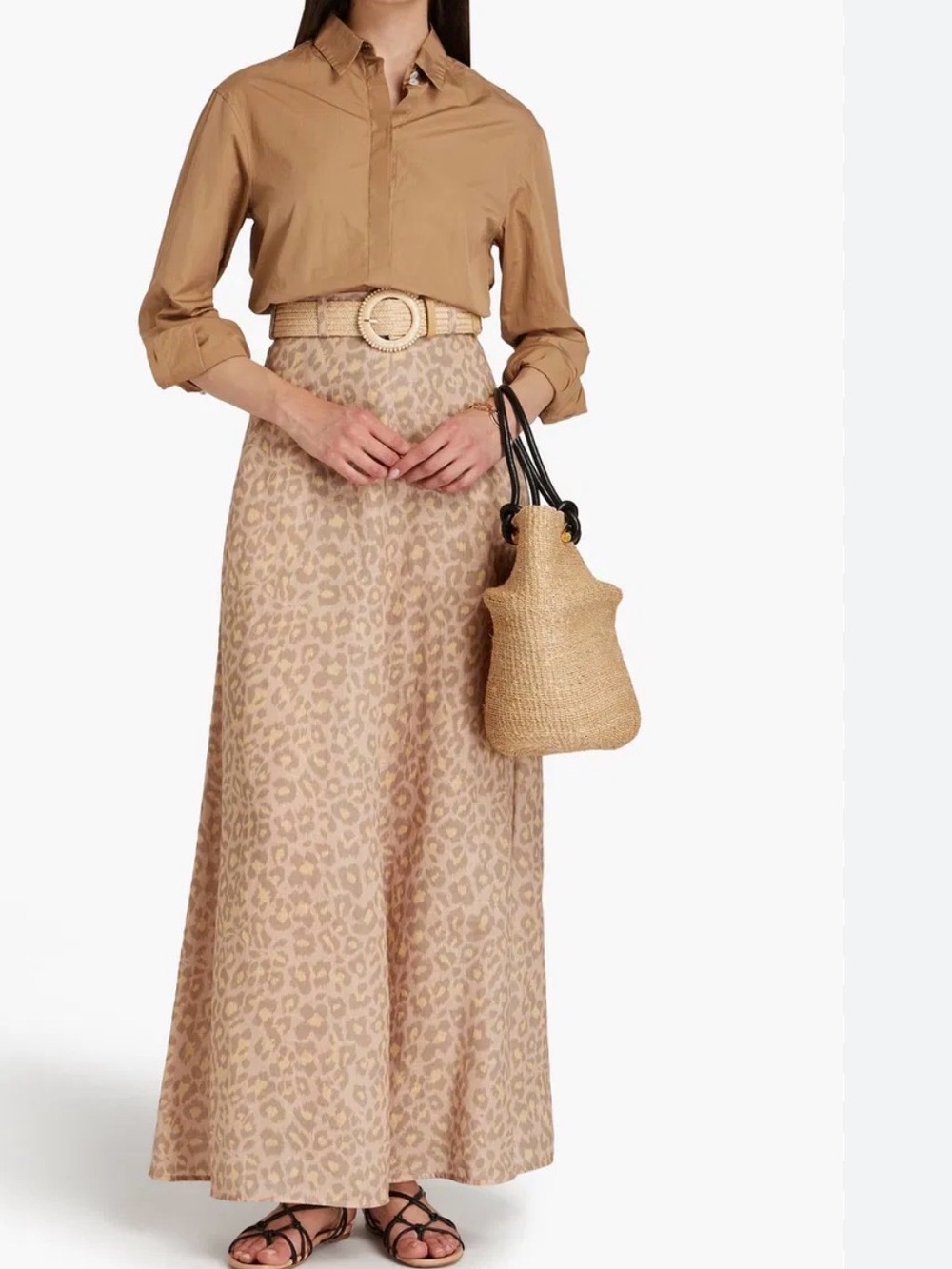 Zimmermann Blush Leopard-Print Maxi Skirt with Woven Belt